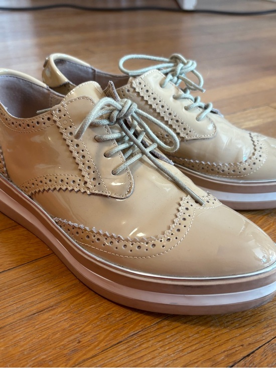 Patent Leather Brogue Oxford Lace-Up Flats in Beige - Picture 4 of 9